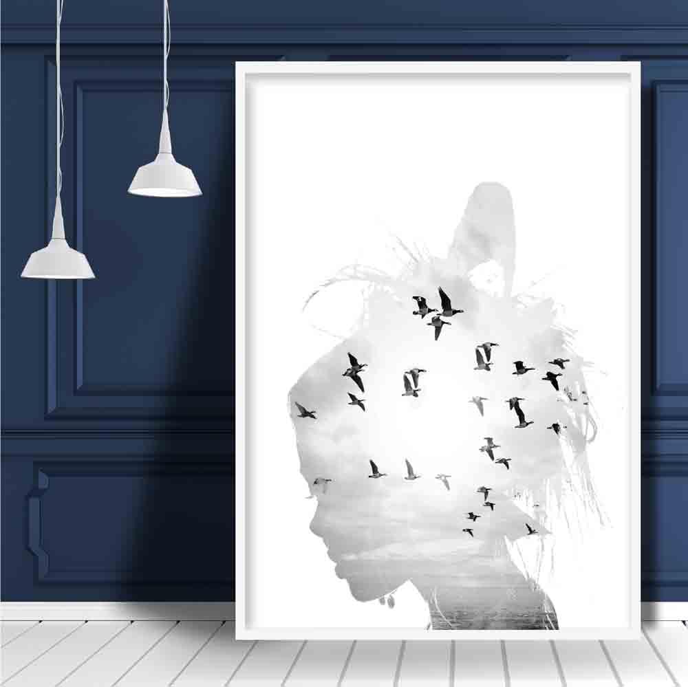 Schwarz-Weiß-Modefoto: Frauensilhouette, Vogelmotiv
