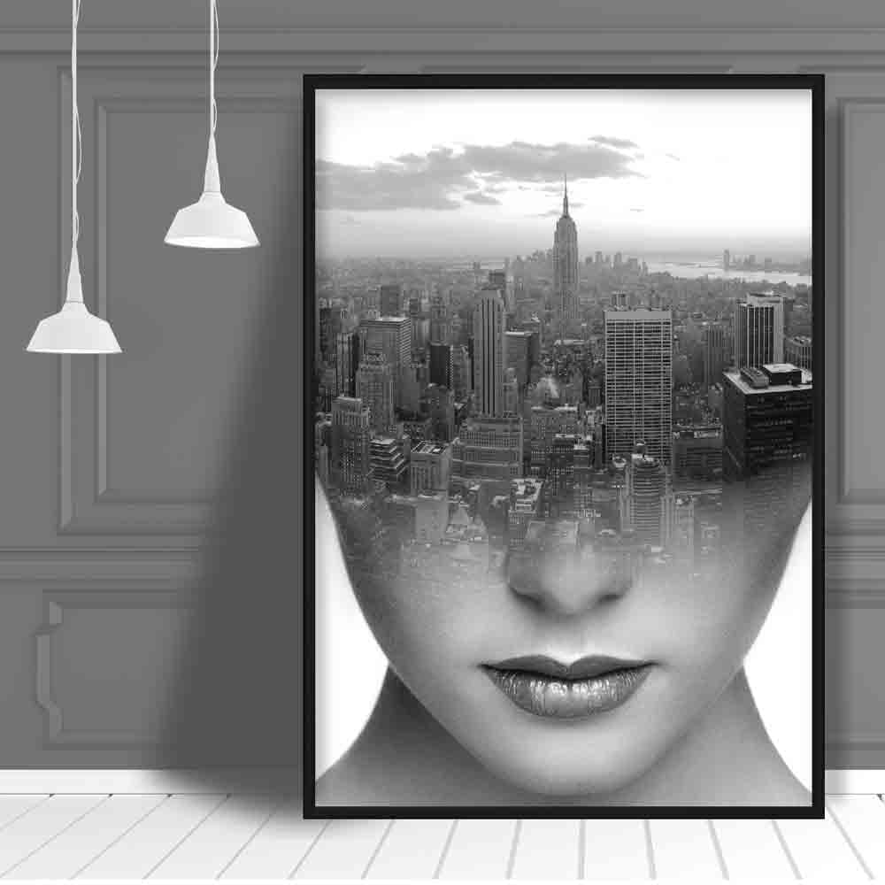 Schwarz-Weiß-Fotodruck einer abstrakten Frau und Stadt