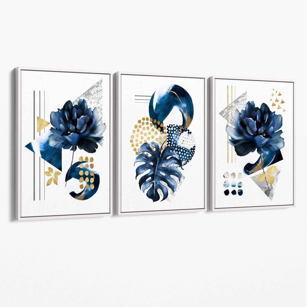 Abstraktes marineblaues und goldenes 3er-Set floraler Leinwandbilder