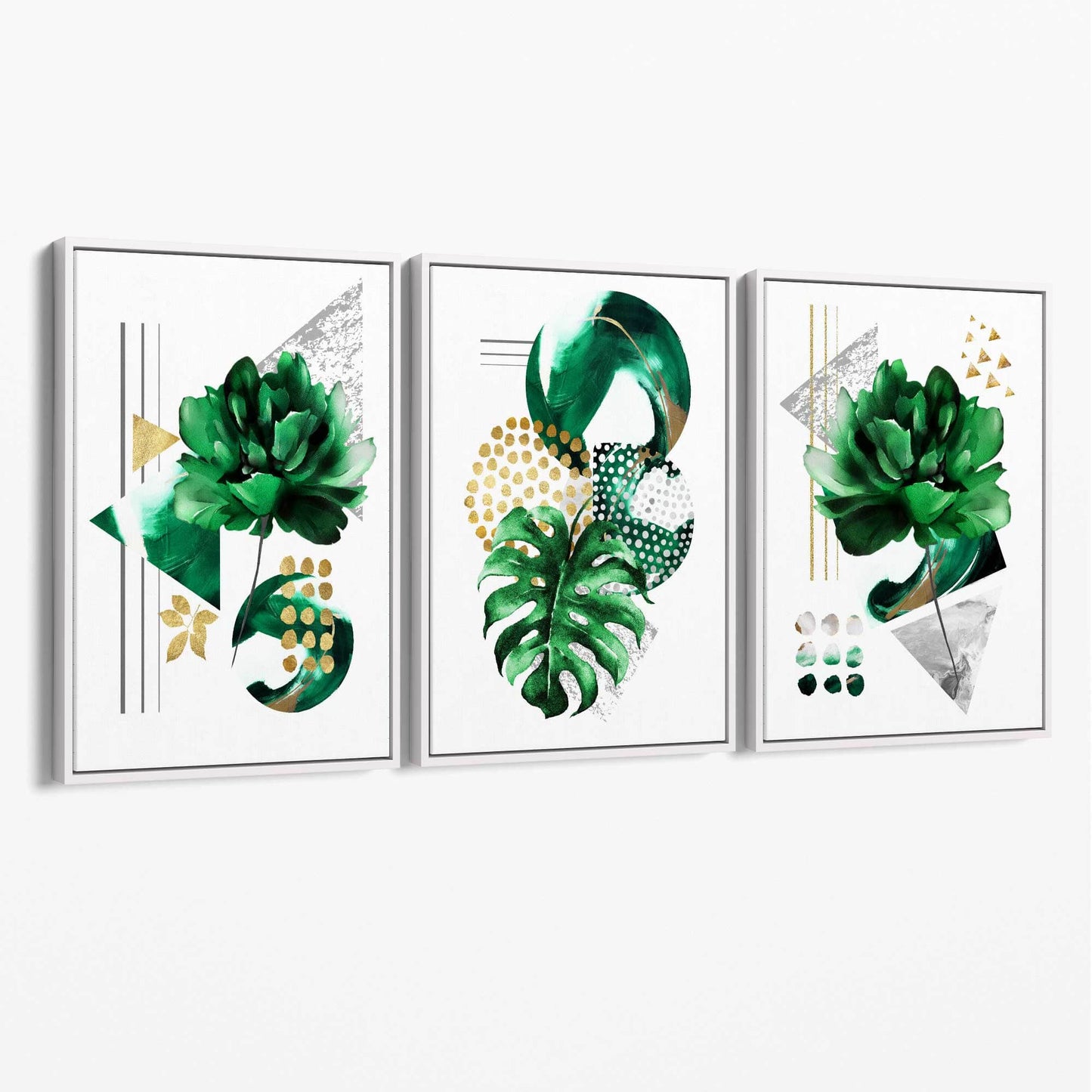Abstraktes grün-goldenes Blumenmotiv, Set aus 3 Leinwänden