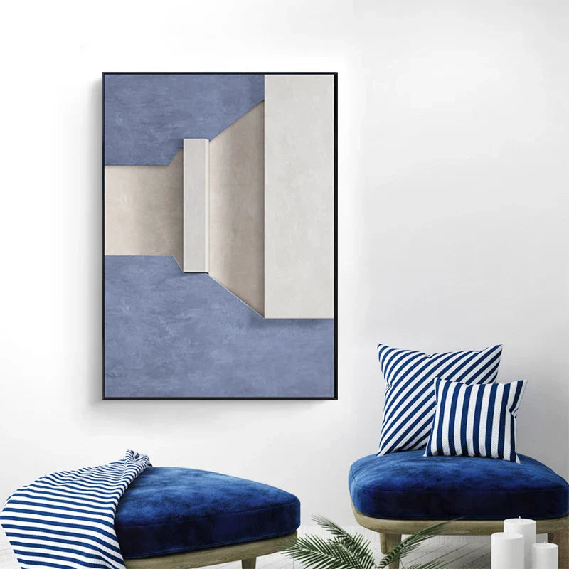 Moderne Minimalistische Abstrakte Geometrische Leinwanddruck Wandkunst - Dreidimensionales Design in Blau, Beige und Weiß - Zeitgenössische Wandkunst für Wohn- oder Bürodeko