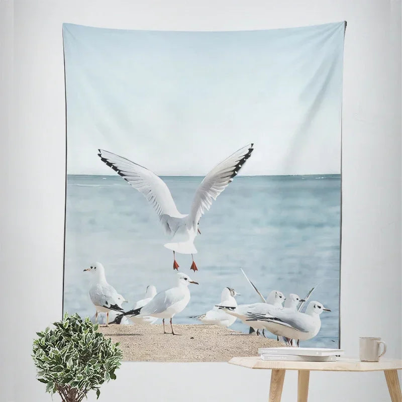 Nordic Hängender Wandteppich Dekoration 100% Polyester Bedruckte Meereslandschaften Sonne Meer & Sandstrand Blauer Himmel Wandteppiche Bilder von Ruhe für das Wohnzimmer