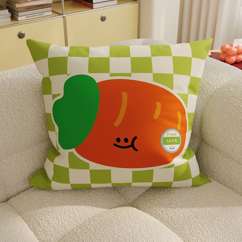 Plush Square Decorative Cushion with Cartoon Carrot Print and Checkerboard Backing