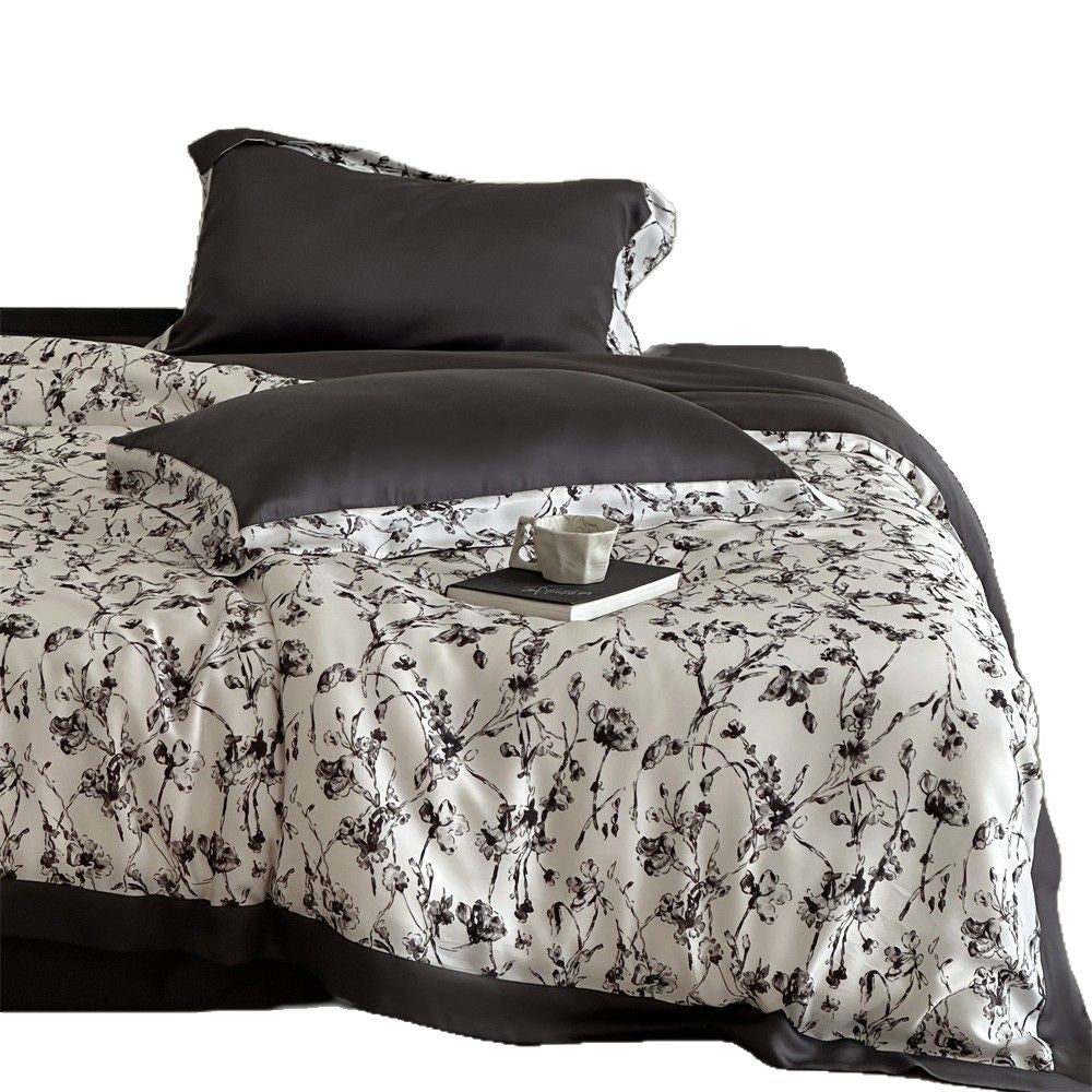 Luxuriöses Satin-Bettwäsche-Set mit floralem Aquarellprint und Satinkante