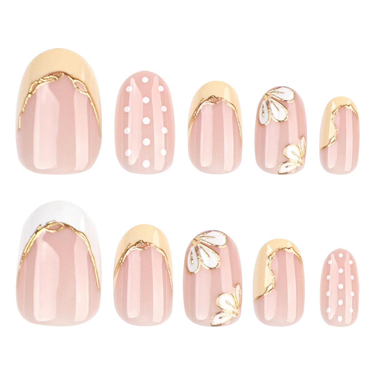 Kunstvolle Nagelverlängerungen mit floralem Design und eleganten Goldakzenten Brehn