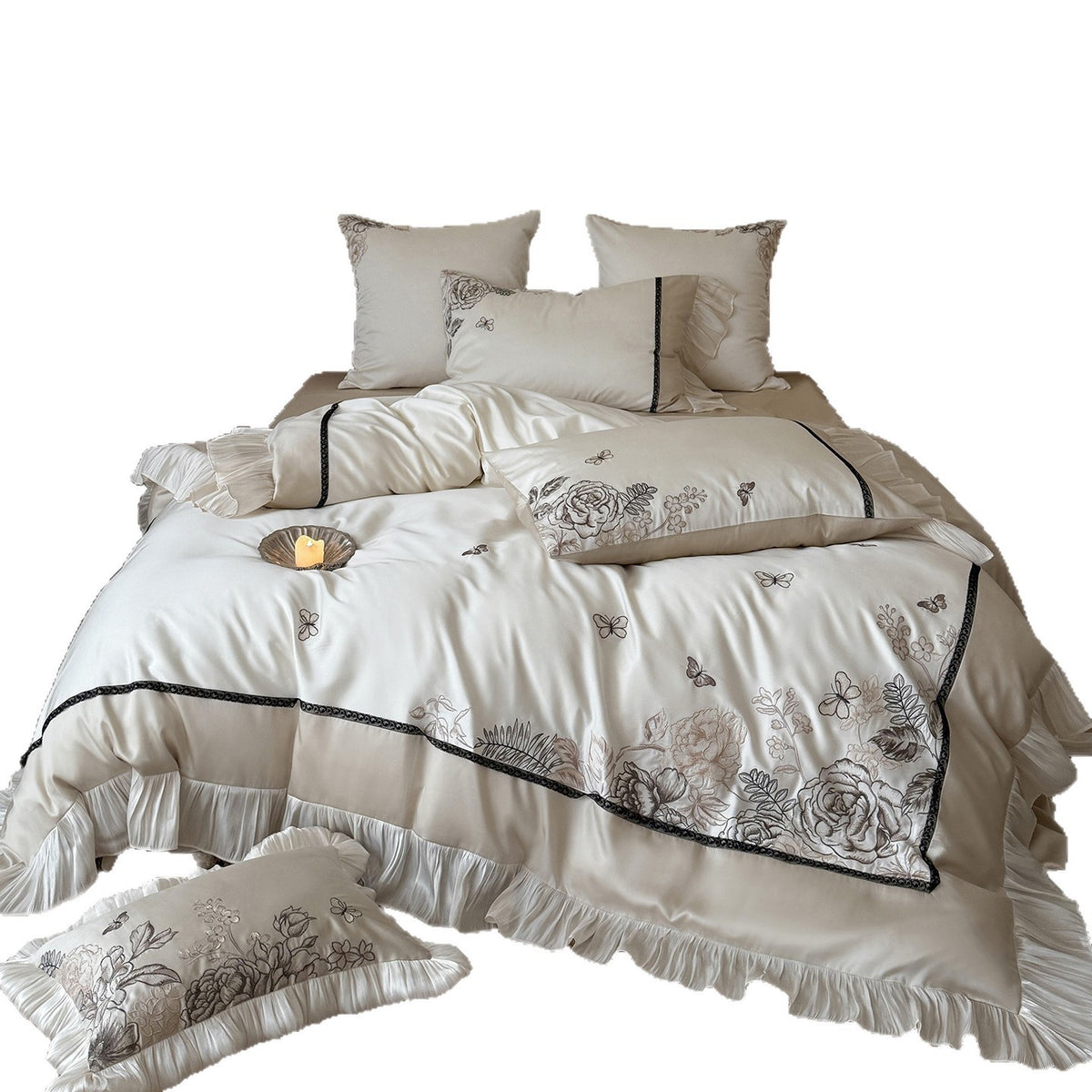 Luxuriöser gestickter Satin Rüschendaunenbettbezug Bettwäsche Set