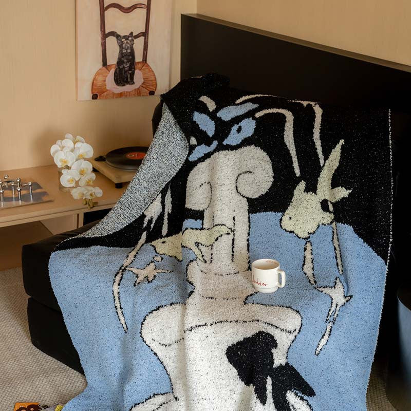 Extraweiche Chenille-Wohndecke mit Katzenillustration und Sternenrelief Brehn