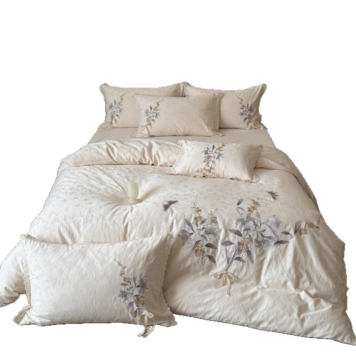 Vintage Floral Jacquard Baumwollsatin Bettbezug Set mit handgestickter Applikation & Spitzenrand