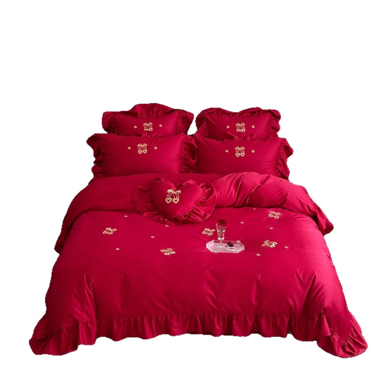 Satin-Bettwäsche-Set mit Volant und romantischer Herz- und Schleifenstickerei