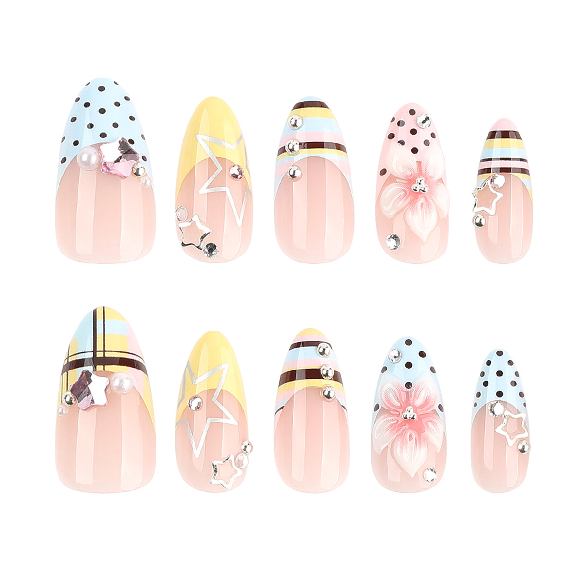 Kreative Nageldesigns mit floralem Akzent und Glitzer Brehn