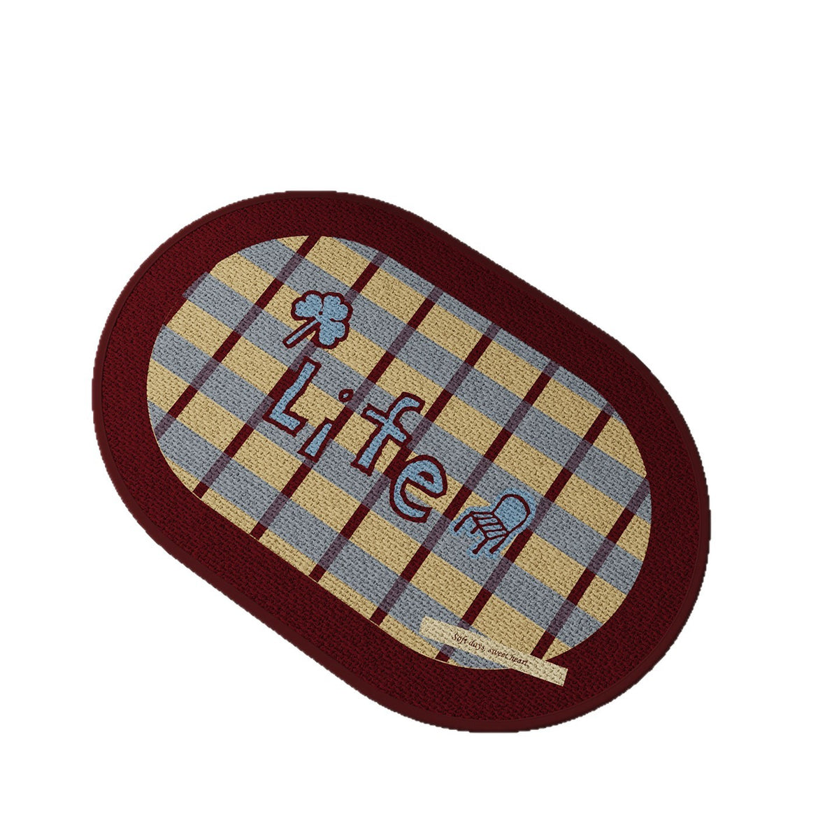 Decorative Oval Checkered Entrance Mat with Embroidered 'Life' Script and Non-Slip Backing