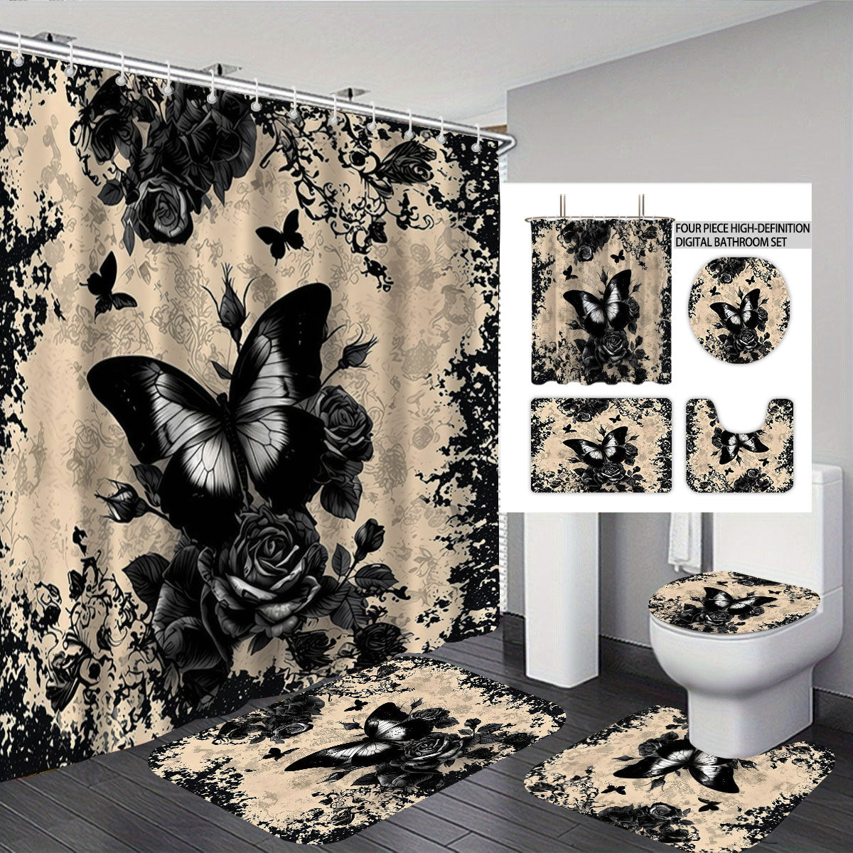 Künstlerisches Skull- und Blumenmotiv Badezimmer-Set Brehn