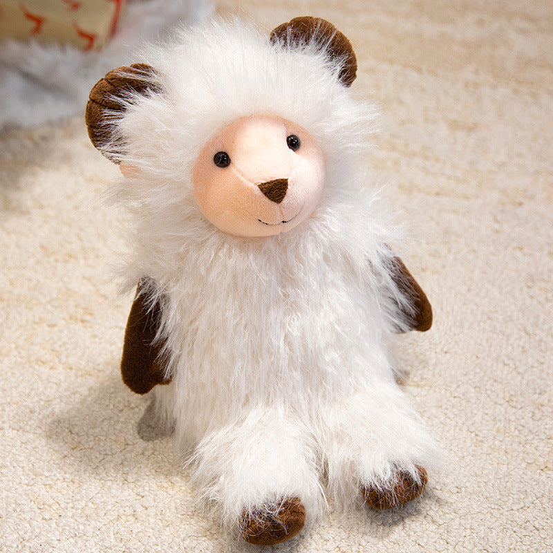 Plüschiger, flauschiger, ram-inspirierter Teddy mit langem Kunstfellmantel und besticktem Gesicht Brehn