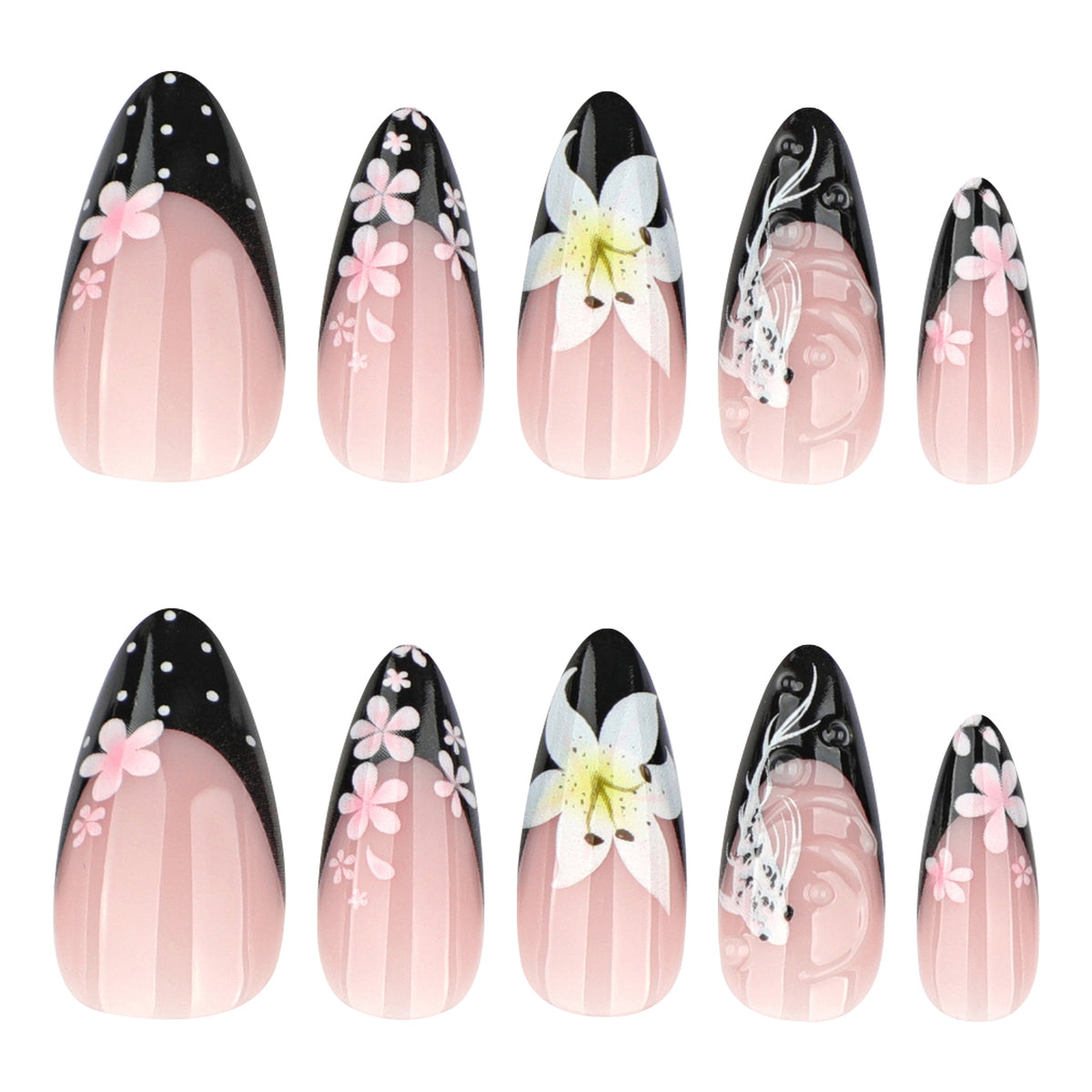 Elegante Nagelverlängerungen mit kreativen Blumen- und Schwarz-Weiß-Muster Brehn