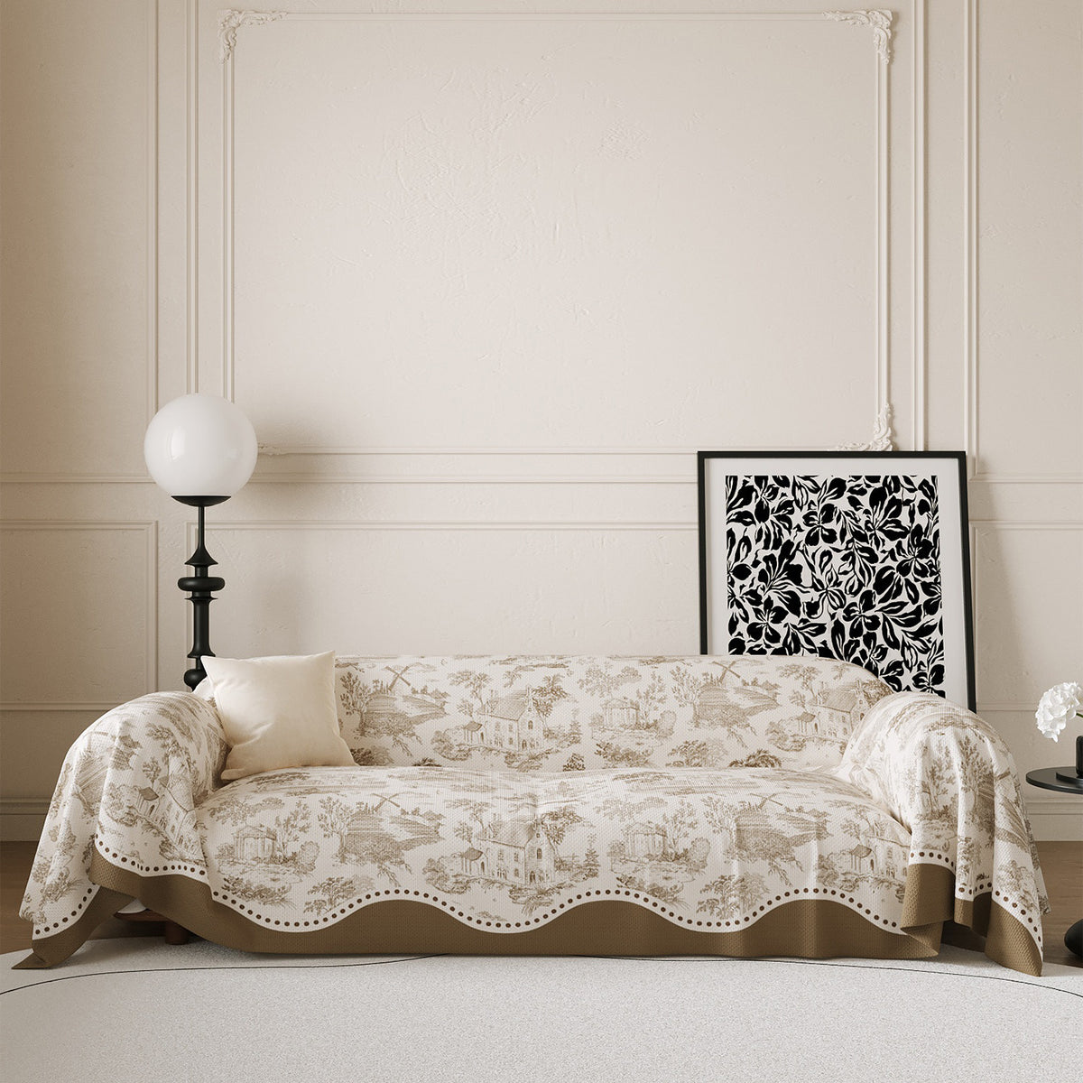 Toile-Print Scalloped-Edge Reversible Sofa Slipcover Throw