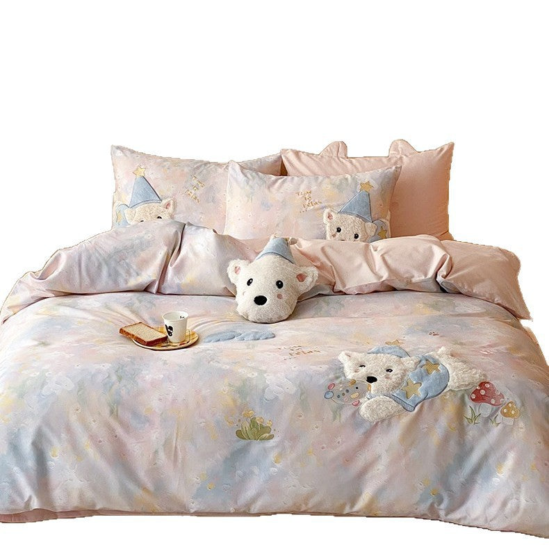 Plüsch-Applikation Baumwoll-Mischung Bettbezug-Set mit 3D-Bärenkissen und pastellfarbigem Aquarelldruck