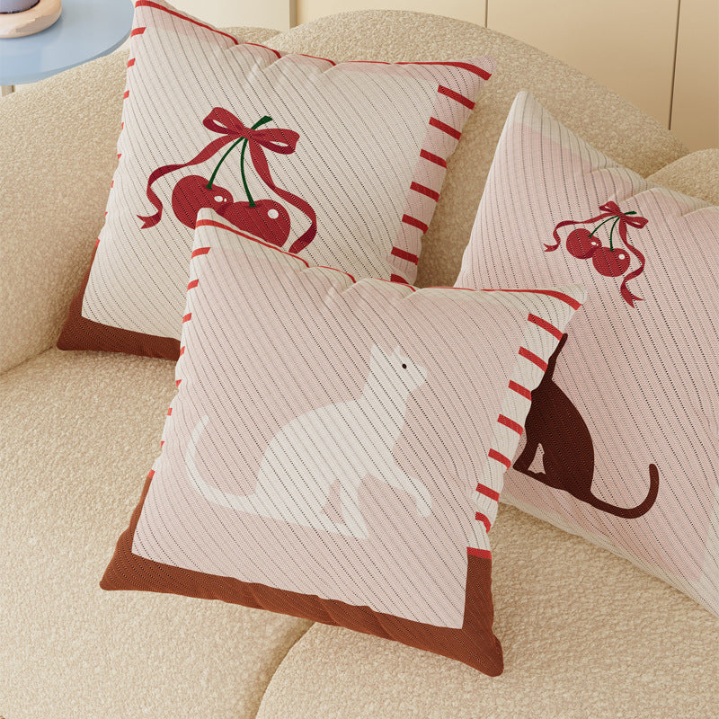 Square Cotton-Linen Throw Pillow Cover with Whimsical Cat Silhouette and Festive Cherry Ribbon Print