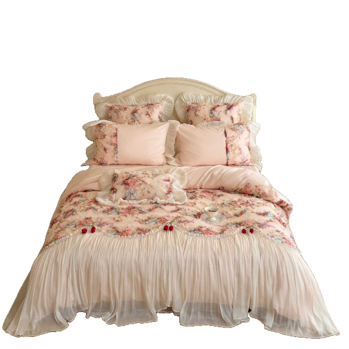 Luxuriöses mehrteiliges Vintage-Bettwäsche-Set mit Rüschen und Blumenmuster