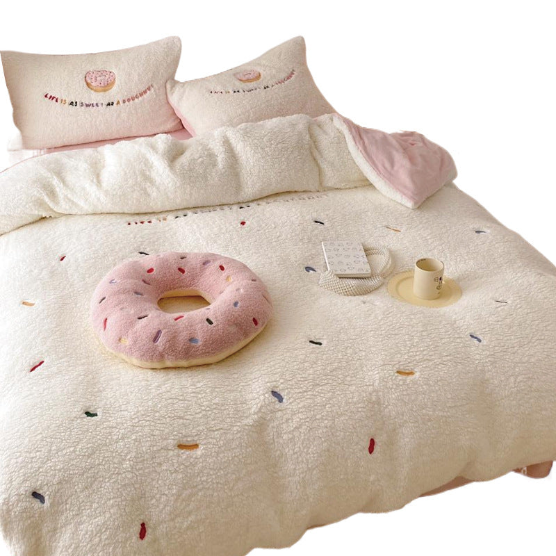 Kuschelige Teddy-Fleece-Bettwäschegarnitur mit Donut-Stickerei