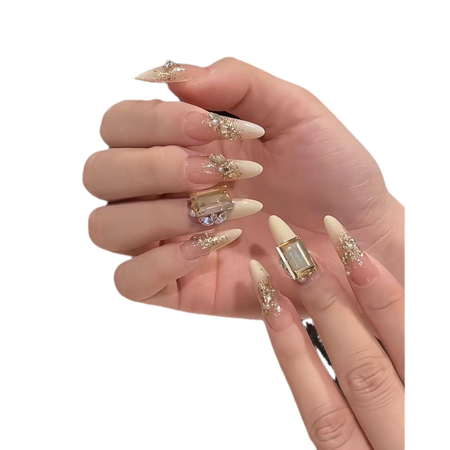 Glamouröse Stiletto Press-On Nagelset mit metallischen Akzenten Brehn