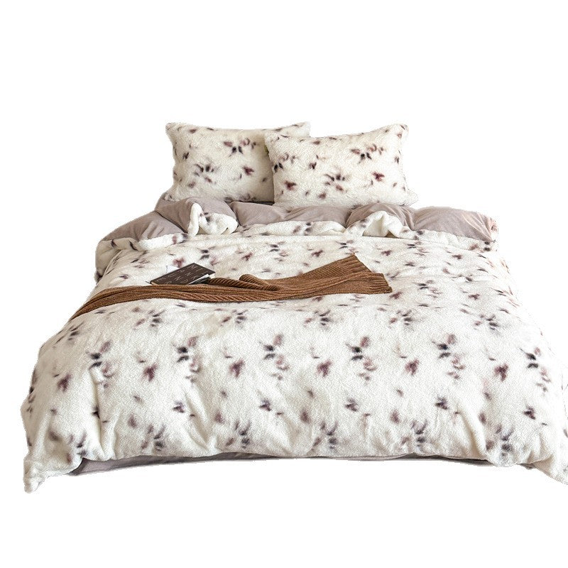 Plüsch Wendbare Faux-Fur Bettbezug Set mit Botanischem Punktemuster und Mikrofleece-Futter
