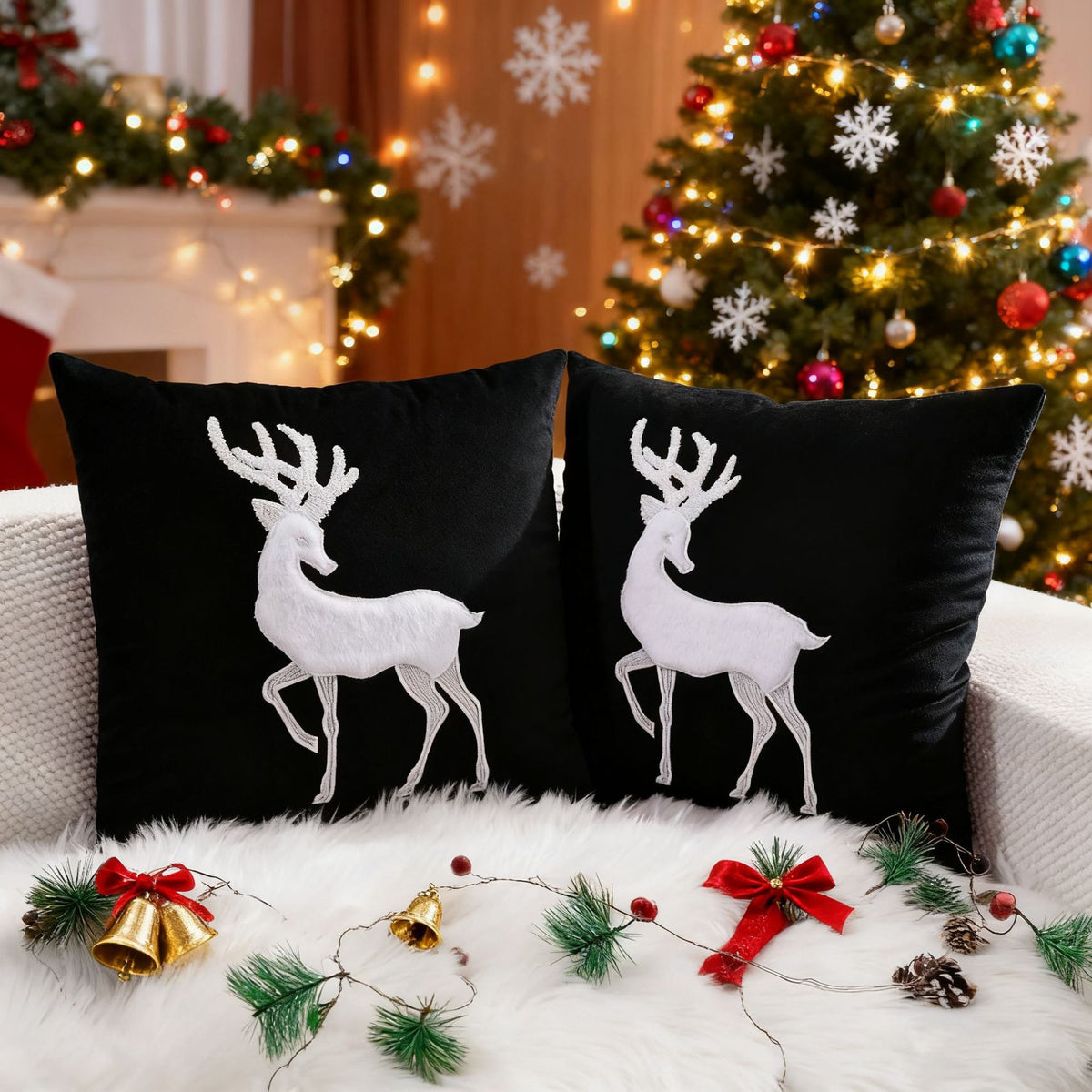 Festive Velvet Rentier Applikation Quadratisches Kissenbezug mit Unsichtbarem Reißverschluss