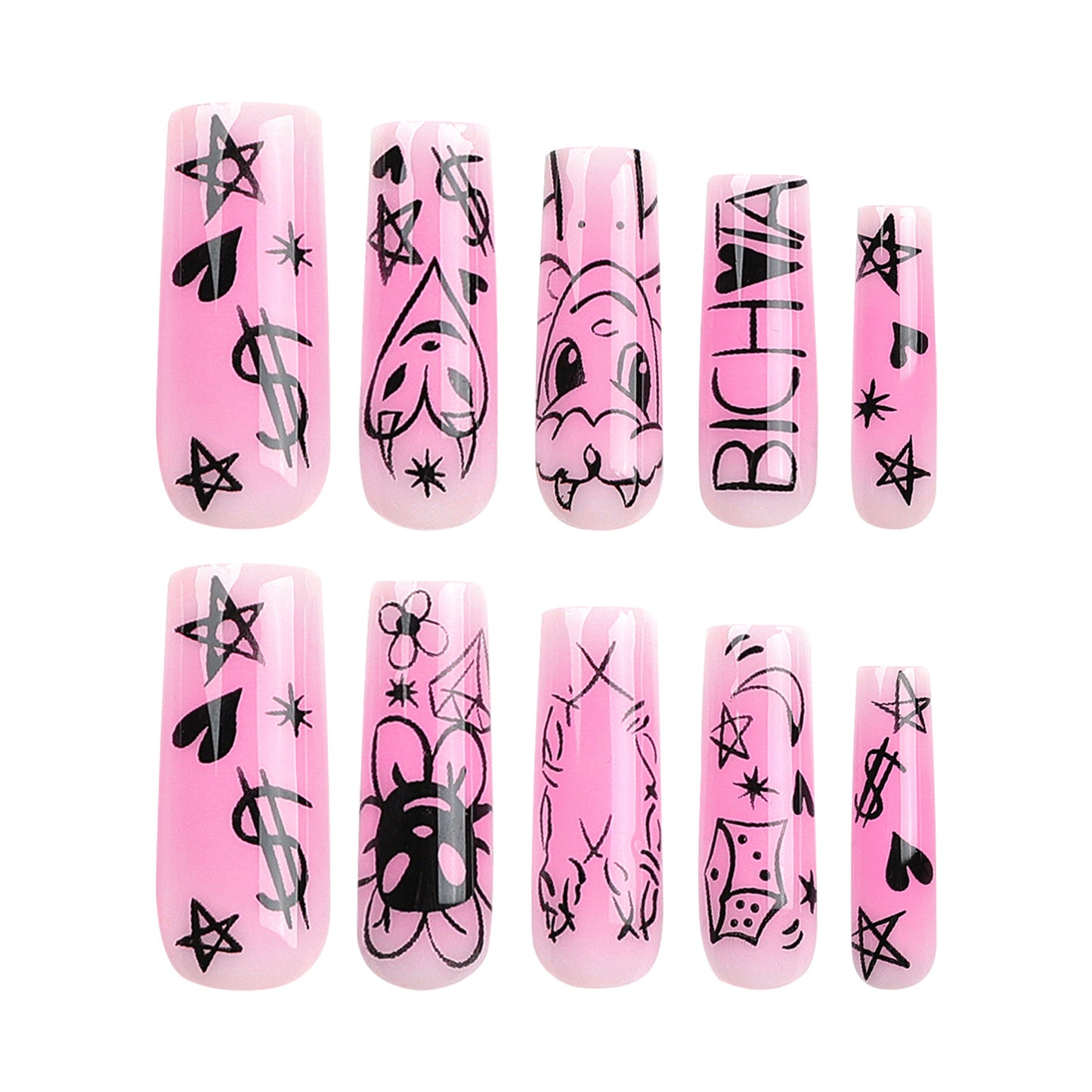 Kunstnagelset mit verspieltem Cartoon-Motiv und schimmernden Akzenten Brehn