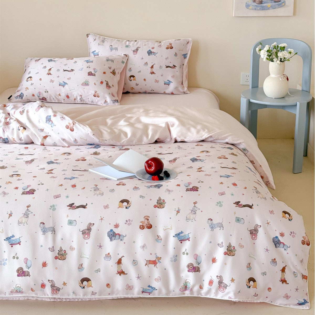 Kinder Cartoon Tier-Illustration Satin Bettbezug und Kissenbezug Bettwäsche Set