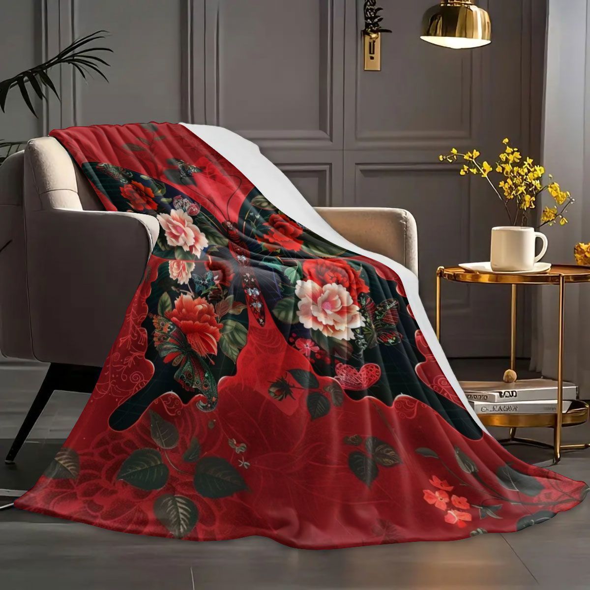 Fluffy Butterfly Print Fleece-Decke