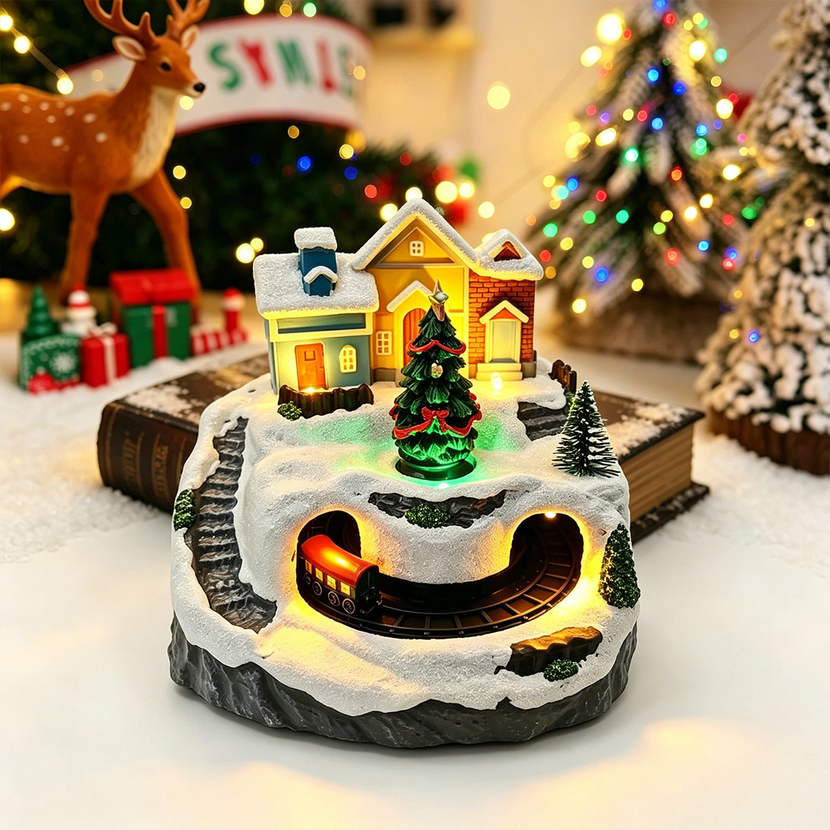 Bewegliches Weihnachtsdorf mit Lichtern und Schneemann Brehn