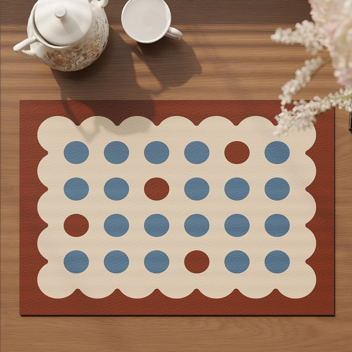 Scalloped Faux-Leather Dining Placemat with Polka Dot Texture