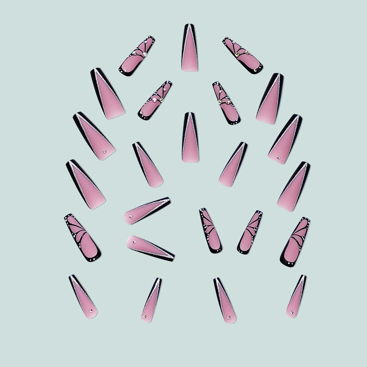Kunstvolle Stiletto Kunstnägel mit Glitzer- und Schmetterlings-Motiv Brehn