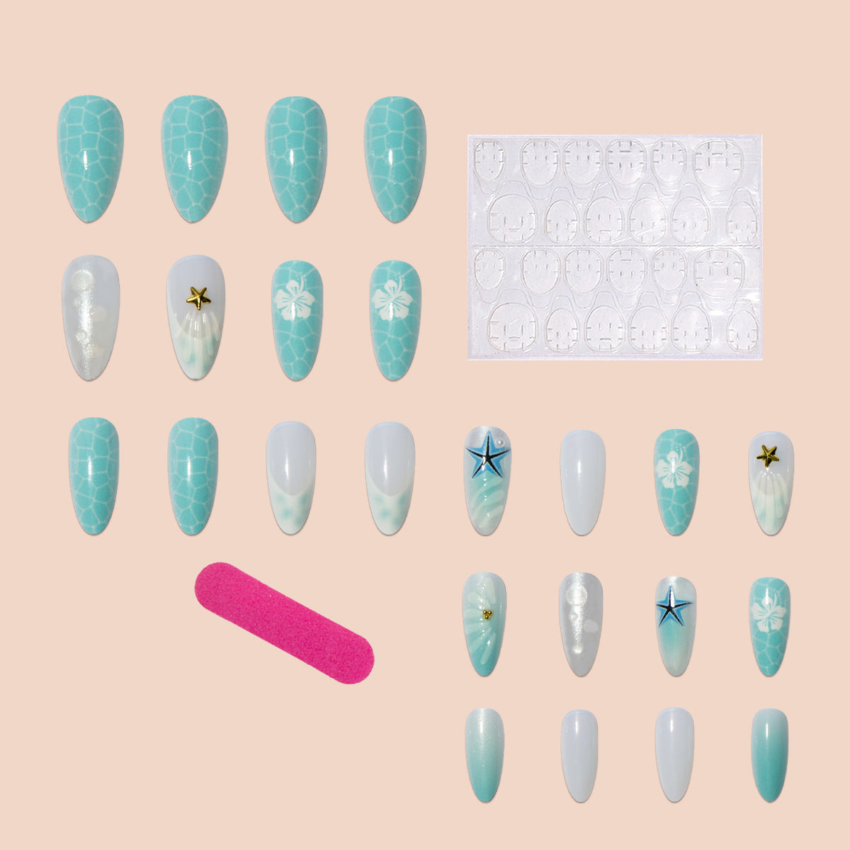 Kunstnagelset mit Meeresmotive und 3D-Akzenten Brehn