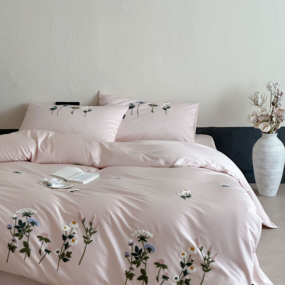 Luxus Satin Baumwolle Besticktes Floral Bettbezug Set