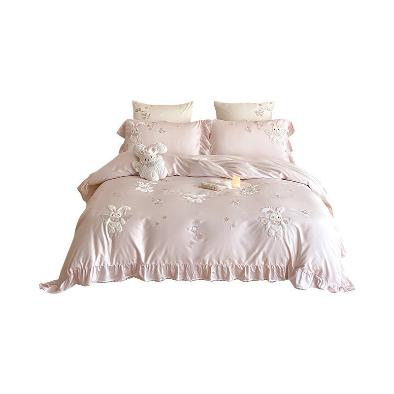 Bestickte Satin-Rüscheneinzelbettdeckenbezug-Set mit Bunny-Applikation