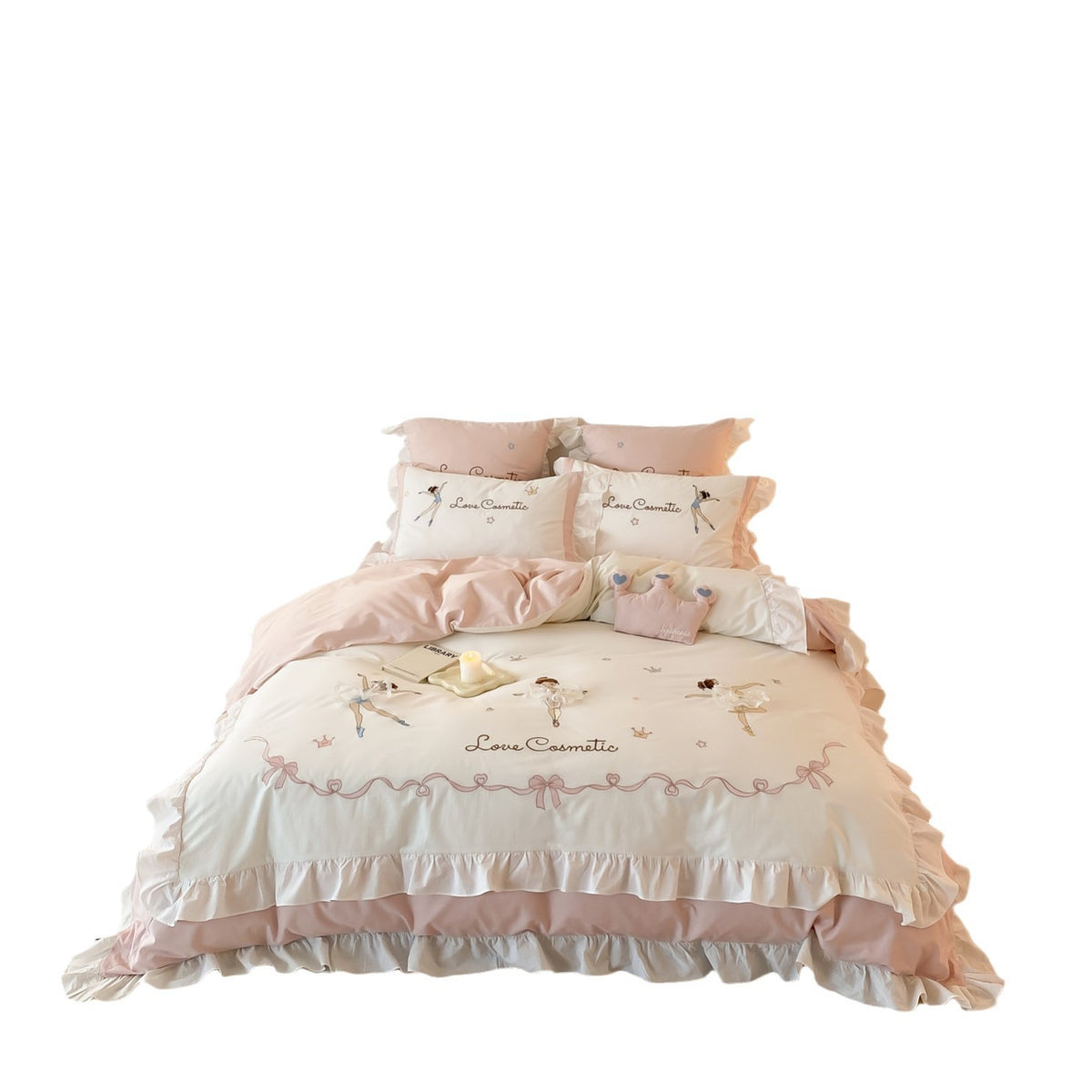 Bettwäsche-Garnitur mit Rüschenvolant, Ballerina-Print und feinem Baumwollsatin