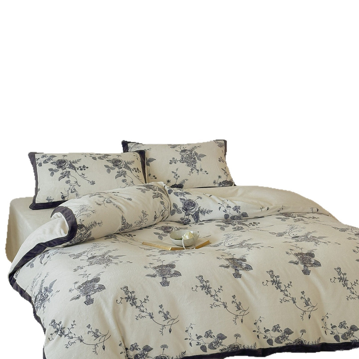 Toile Floral Bettbezug Set mit Samt Paspel Kissenbezügen