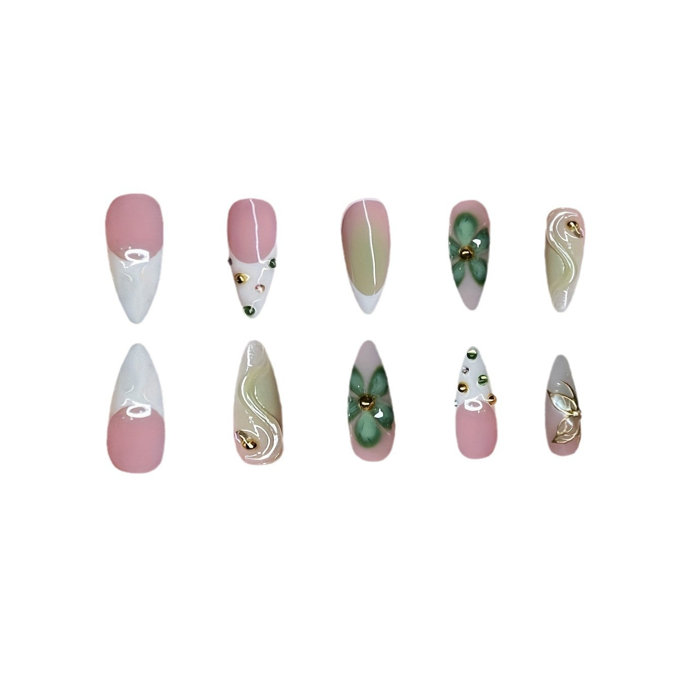 Künstlerisches Press-On Nageldesign mit floralen Elementen Brehn