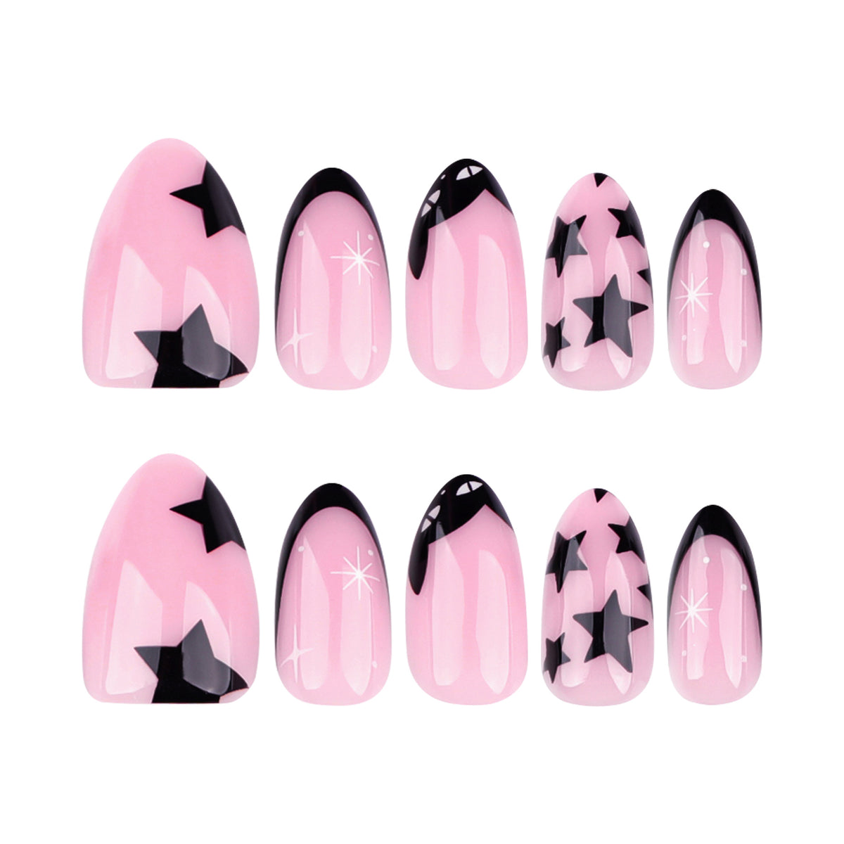 Kunstvolle Nagelkunst mit Sternen- und Schwarzspitzen Design Brehn