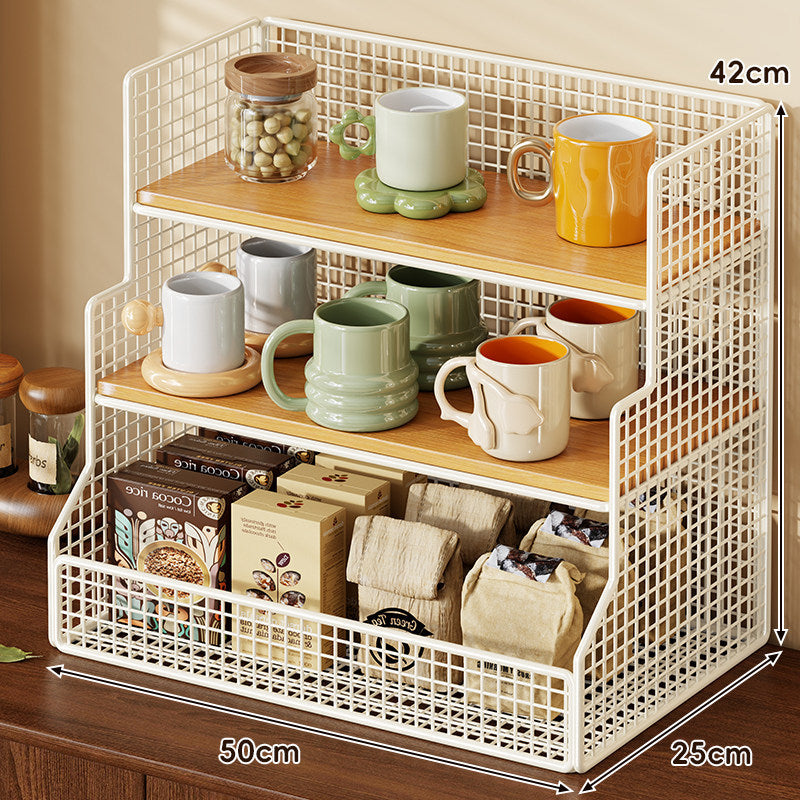 Drei-Tier-Theken-Drahtgeflecht-Regal-Organizer mit Bambusregalen