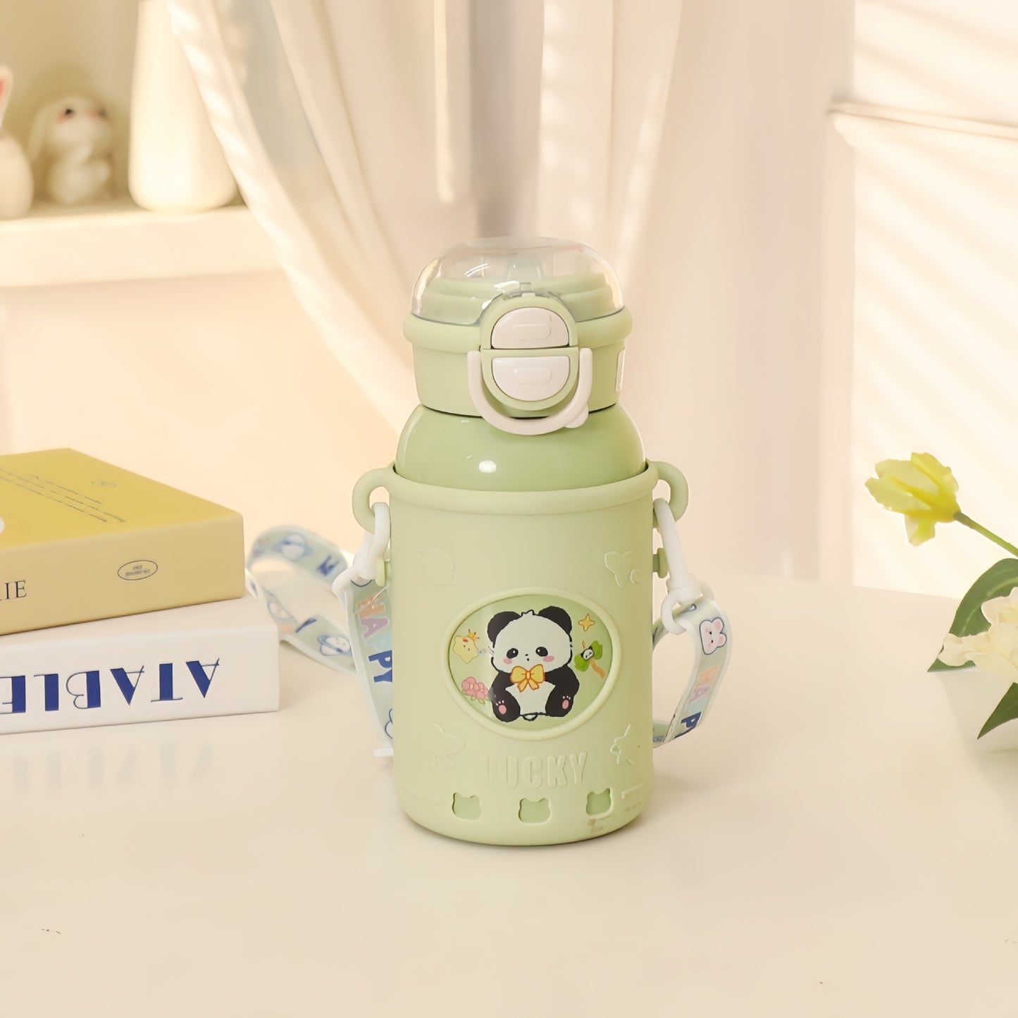 Damen Isolierte Trinkflasche mit praktischem Tragegurt und niedlichen Panda-Motiv Brehn