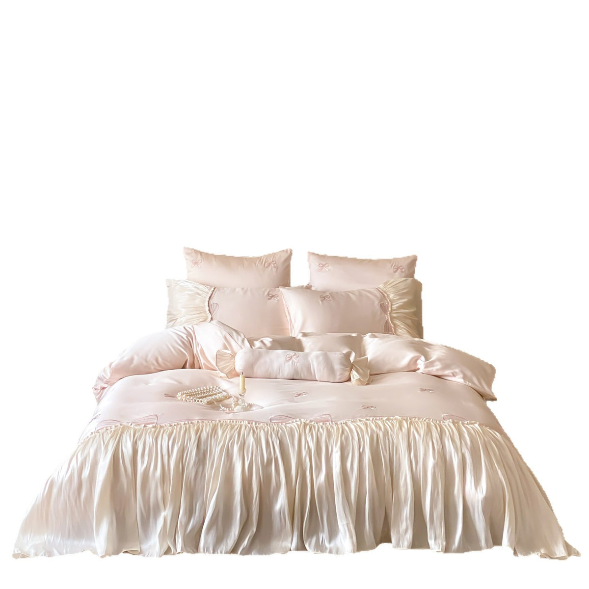 Seidiger Satin besticktes Bogen Bettbezug Set mit Rüschenschonern & Bolster
