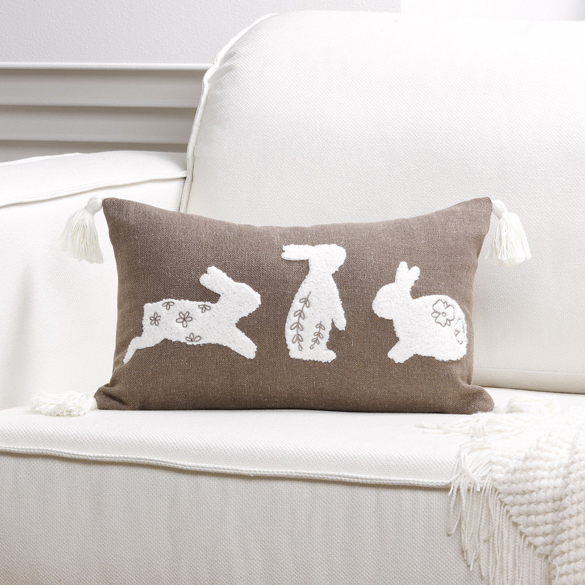 Bestickter Hasen-Applikations-Tassel-Lumbar-Kissenbezug