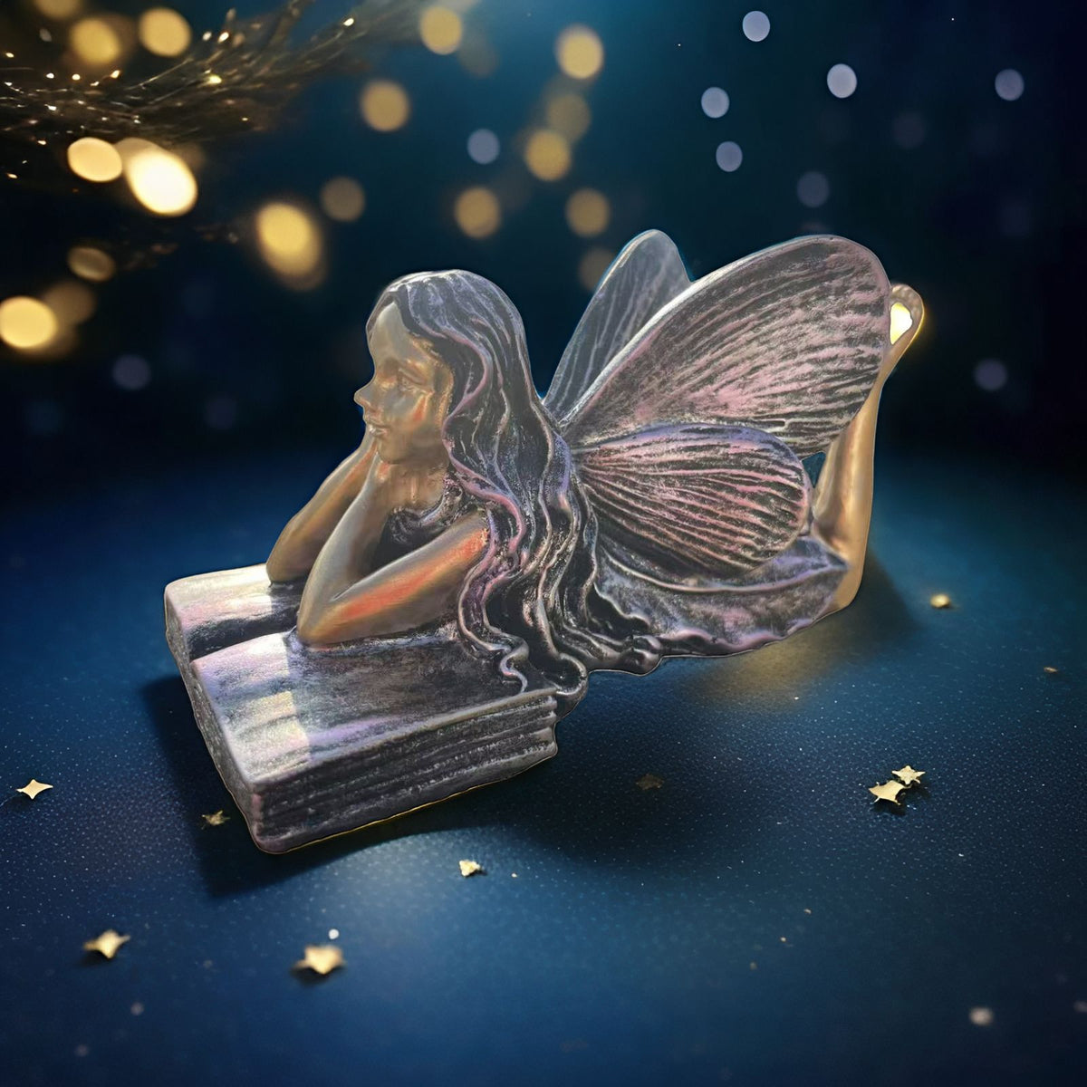 Feenfigurine, die auf Büchern sitzt, Brehn