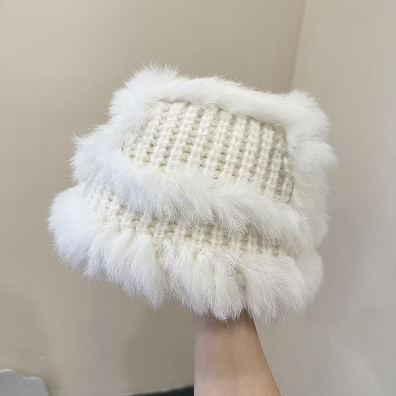 Gemütliche gestrickte Faux-Fur-Bucket-Hat