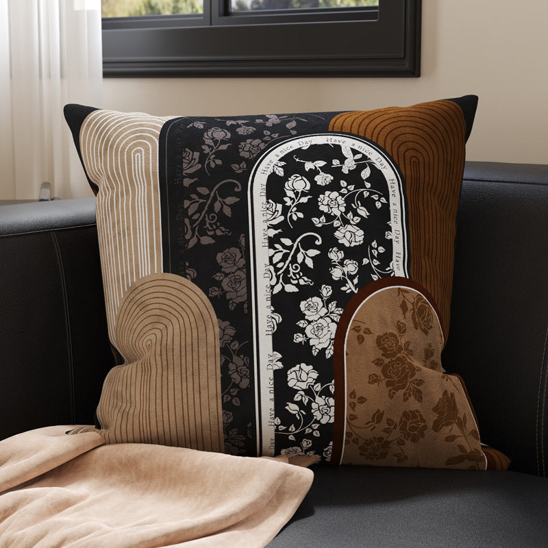Decorative Patchwork Velvet Throw Pillow Cover with Asian-Inspired Scenic Panels and Metallic Gold Accents
