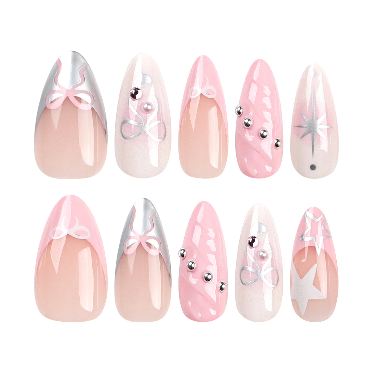 Kunstvolle Nagelkunst mit dekorativen Schleifen und Glitzerakzenten Brehn