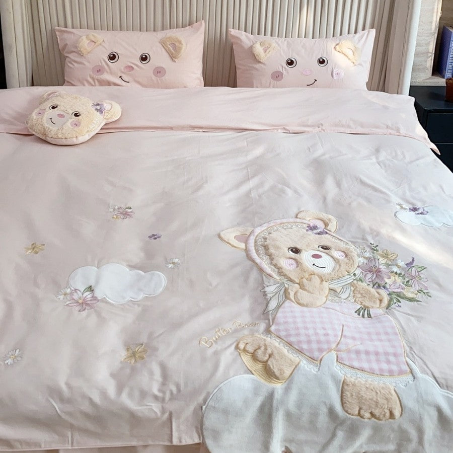 Bestickte Teddy Bettbezug Set mit Plüschapplikation und Karoborte