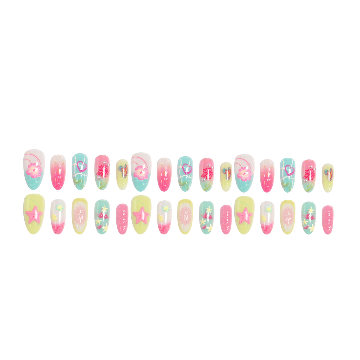 Kunstnagelset mit buntem Blumen- und Strandmotiv Brehn