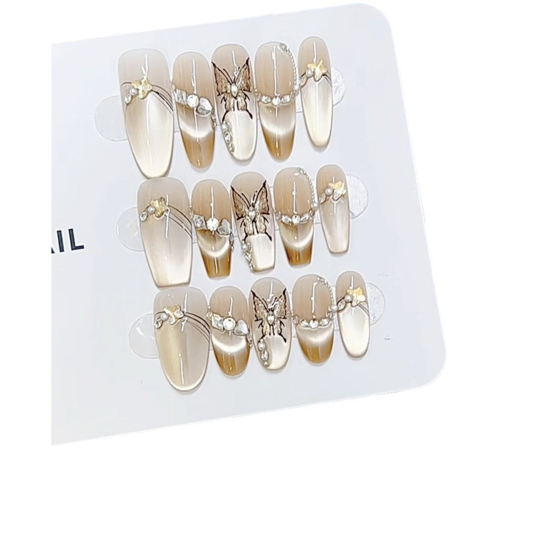 Künstlerisches Schmetterlings- und Perlenverziertes Press-On-Nagelset Brehn